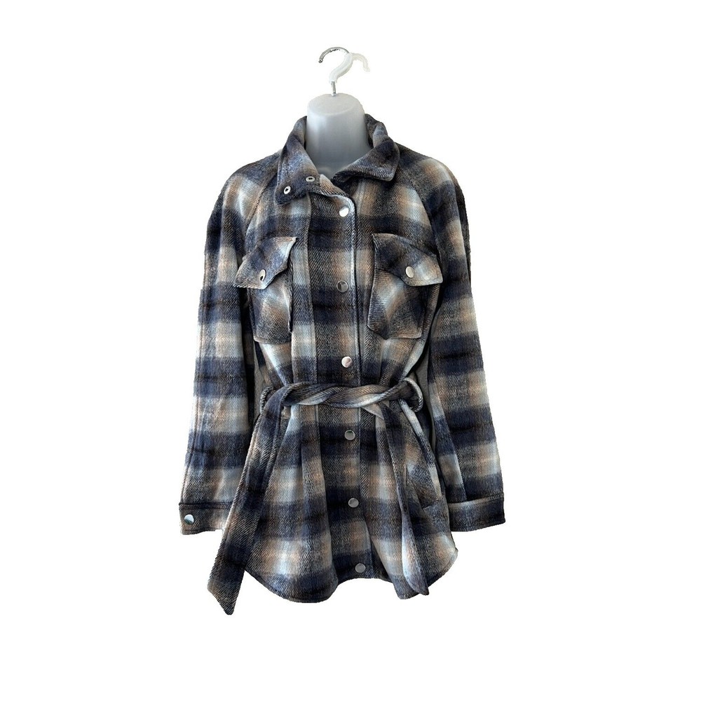 Rachel Zoe Womens Heavy Coat Wool Blend Brown & Gray Plaid W/Belt & Snap Buttons